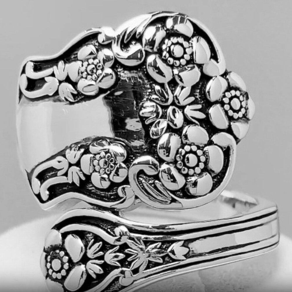 925 STERLING SILVER Vintage Style Flowers Spoon Ring - Picture 12 of 15